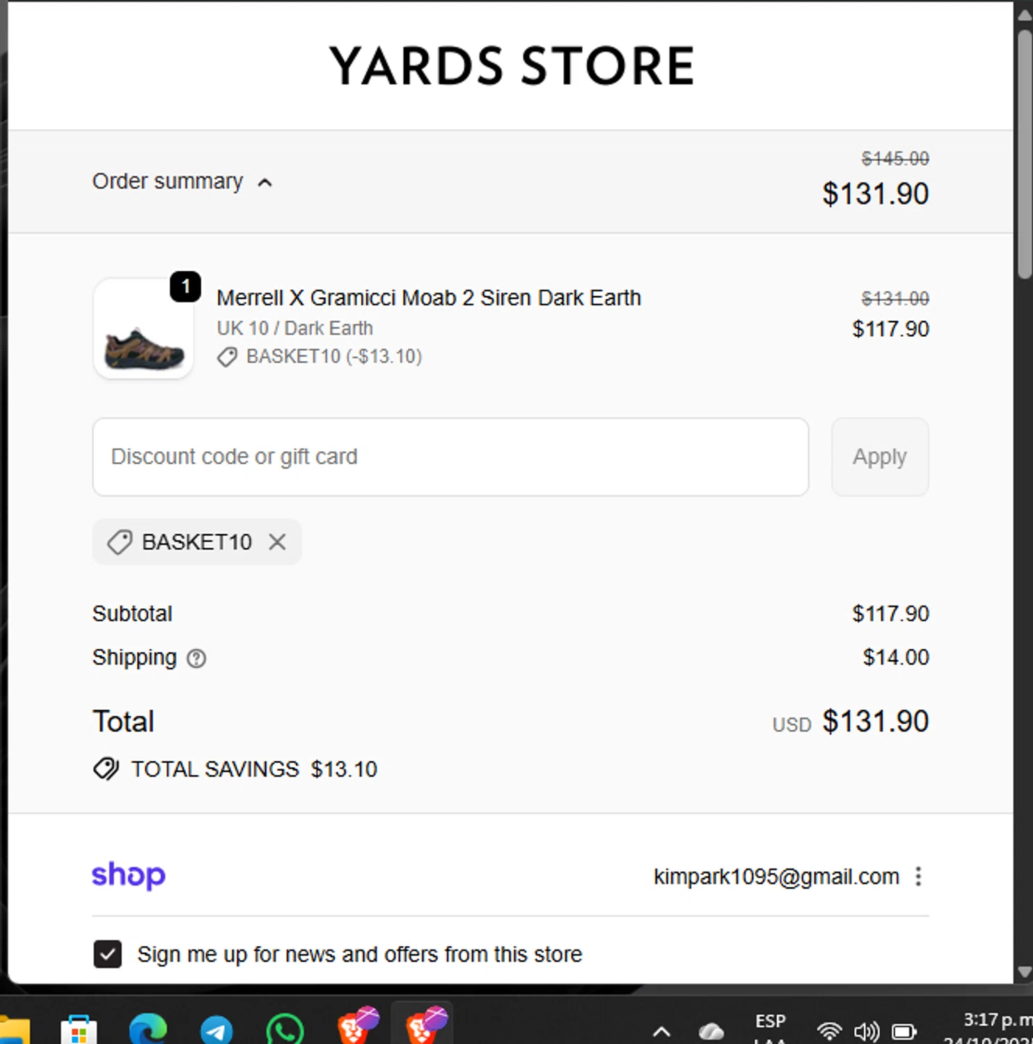 Yards Store discount code screenshot showing code BASKET10 applied at Yards Store checkout page. Uploaded by SimplyCodes community member Guacamole_Picante on Oct 24, 2025