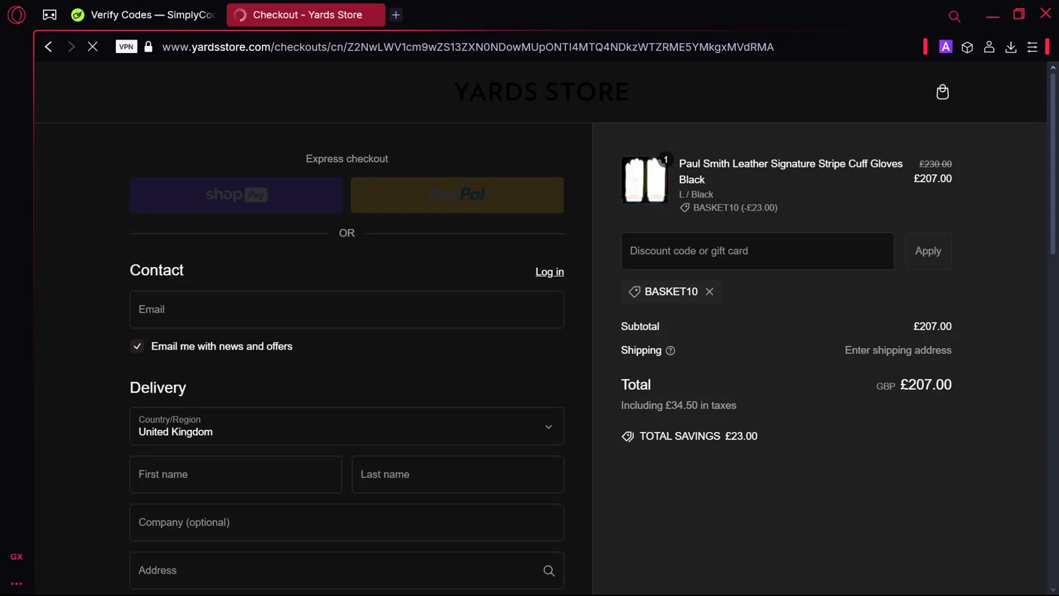Yards Store discount code screenshot showing code BASKET10 applied at Yards Store checkout page. Uploaded by SimplyCodes community member Elsuanfonson on Feb 28, 2025
