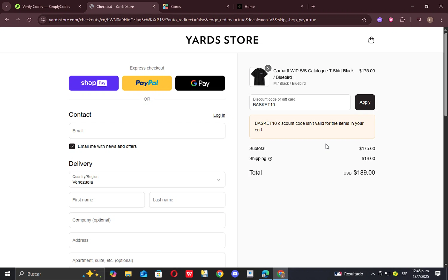 Yards Store discount code screenshot showing code BASKET10 applied at Yards Store checkout page. Uploaded by SimplyCodes community member marthairiarte on Jul 13, 2025