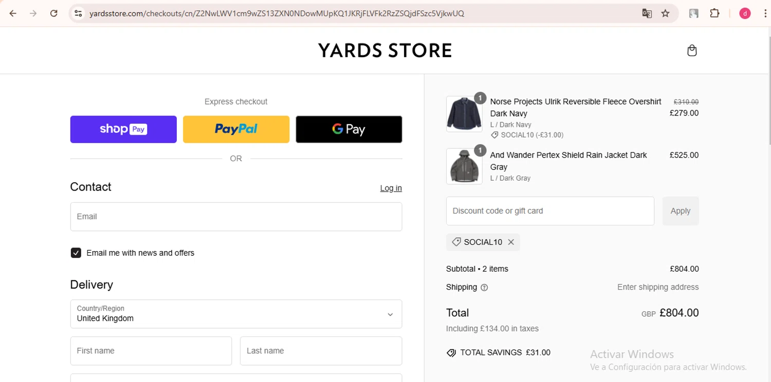 Yards Store discount code screenshot showing code SOCIAL10 applied at Yards Store checkout page. Uploaded by SimplyCodes community member LegendaryHunter6399 on Jan 24, 2025