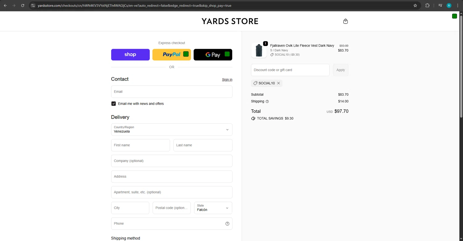 Yards Store discount code screenshot showing code SOCIAL10 applied at Yards Store checkout page. Uploaded by SimplyCodes community member kaiserser on Oct 20, 2025