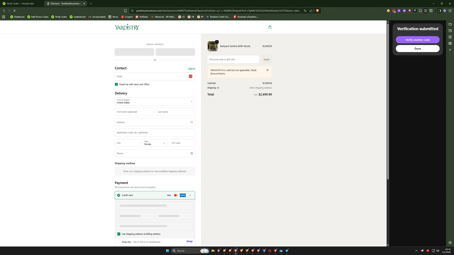 Yardistry Structures promo code screenshot showing code YARDISTRY10 applied at Yardistry Structures checkout page. Uploaded by SimplyCodes community member QuantumRider5931 on Jan 1, 2026
