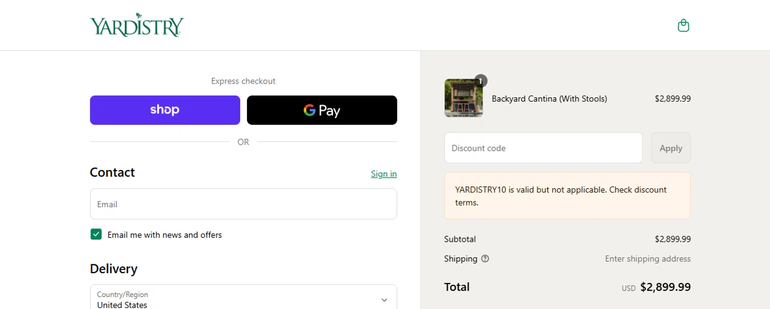 Yardistry Structures promo code screenshot showing code YARDISTRY10 applied at Yardistry Structures checkout page. Uploaded by SimplyCodes community member ashe1986 on Sep 11, 2025