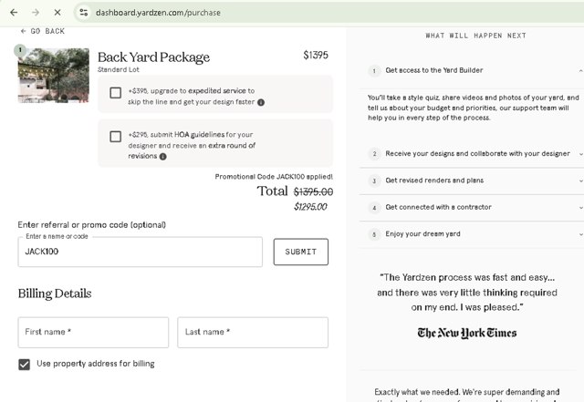 Yardzen checkout page showing Yardzen promo code box | Screenshot taken by SimplyCodes community member on Jul 23, 2025