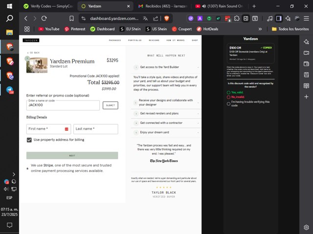 Yardzen checkout page showing Yardzen promo code box | Screenshot taken by SimplyCodes community member on Jul 23, 2025