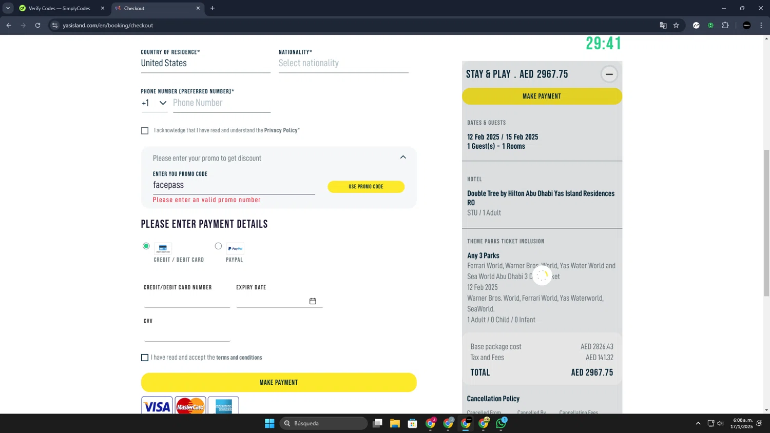 Yas Island discount code screenshot showing code facepass applied at Yas Island checkout page. Uploaded by SimplyCodes community member JoseLocoHugo on Jan 17, 2025