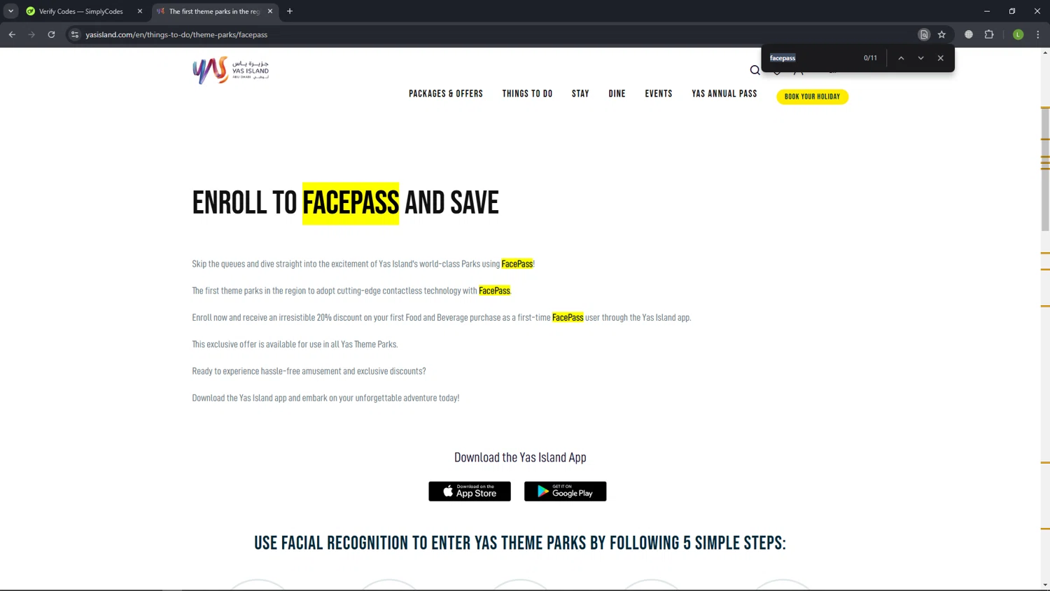 Yas Island discount code screenshot showing code facepass applied at Yas Island checkout page. Uploaded by SimplyCodes community member VoucherGenius8367 on Jan 17, 2025