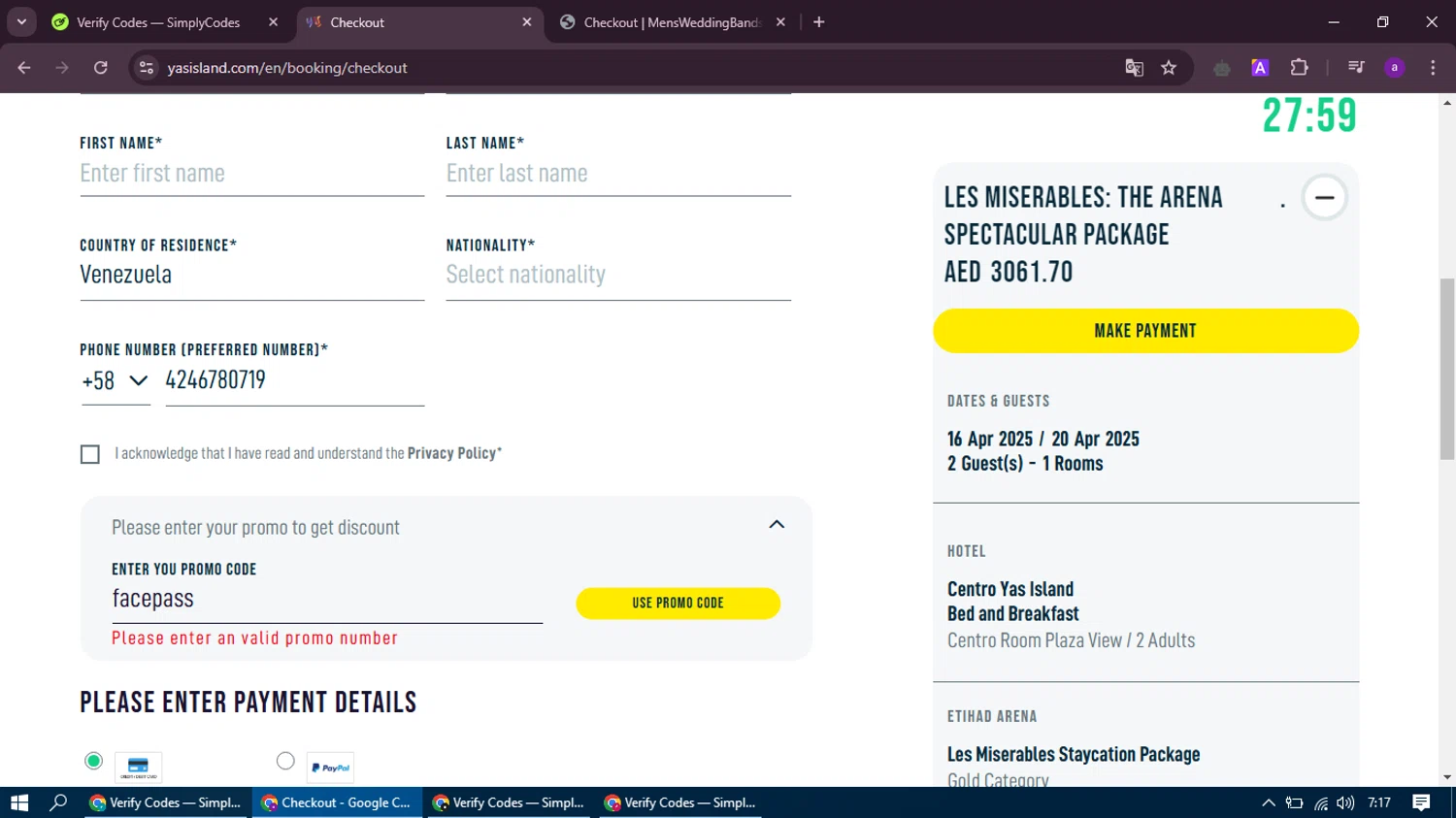 Yas Island discount code screenshot showing code facepass applied at Yas Island checkout page. Uploaded by SimplyCodes community member thethru on Jan 17, 2025