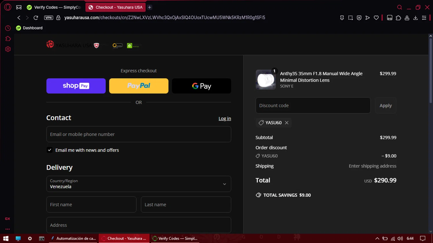 Yasuhara USA promo code screenshot showing code YASU60 applied at Yasuhara USA checkout page. Uploaded by SimplyCodes community member Eliott on May 2, 2025