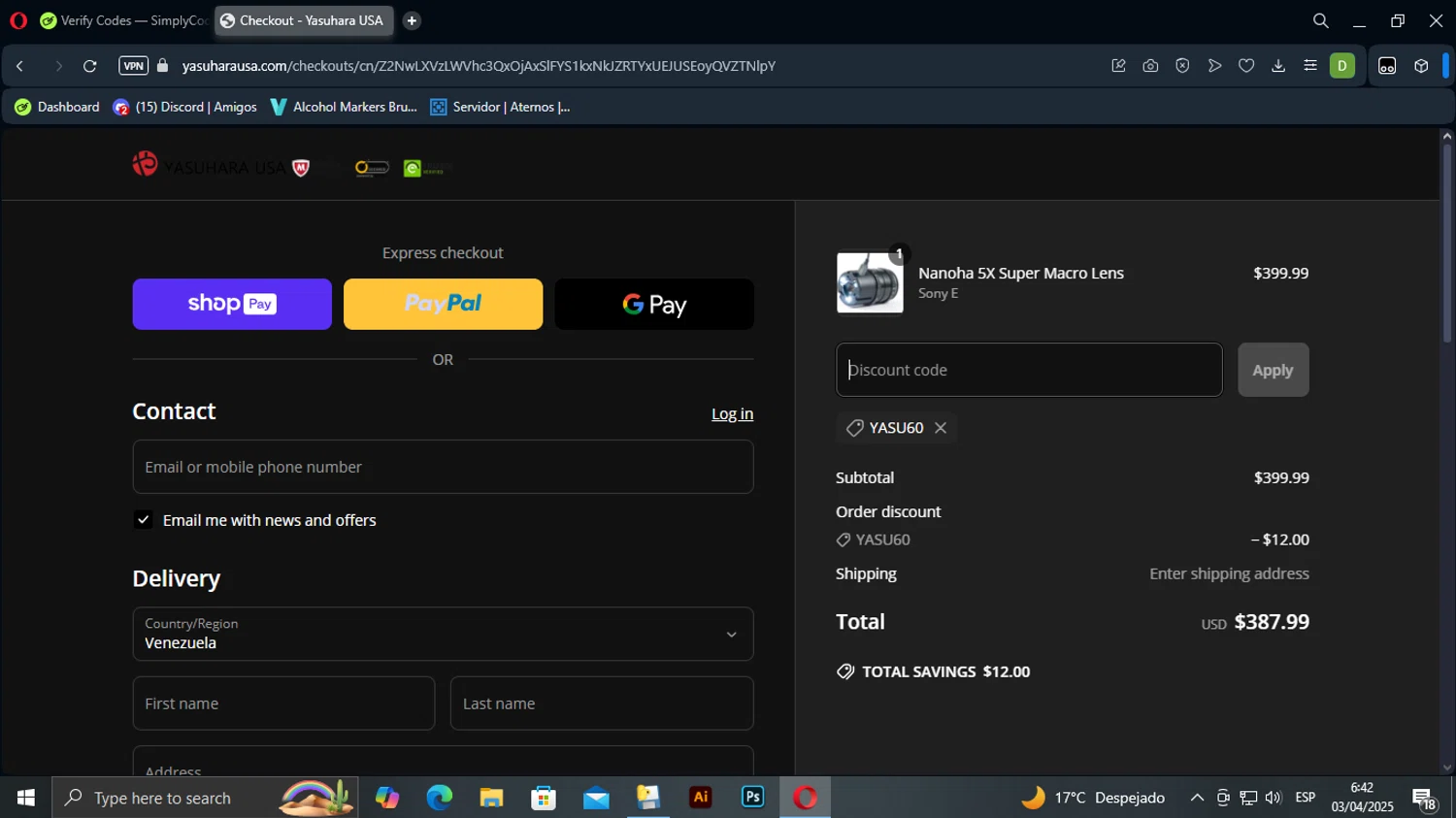 Yasuhara USA promo code screenshot showing code YASU60 applied at Yasuhara USA checkout page. Uploaded by SimplyCodes community member TuAmigoRed on Apr 3, 2025