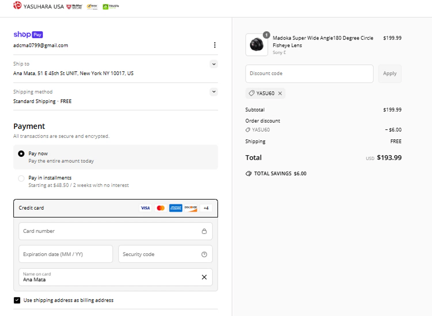 Yasuhara USA promo code screenshot showing code YASU60 applied at Yasuhara USA checkout page. Uploaded by SimplyCodes community member peachee on May 31, 2025