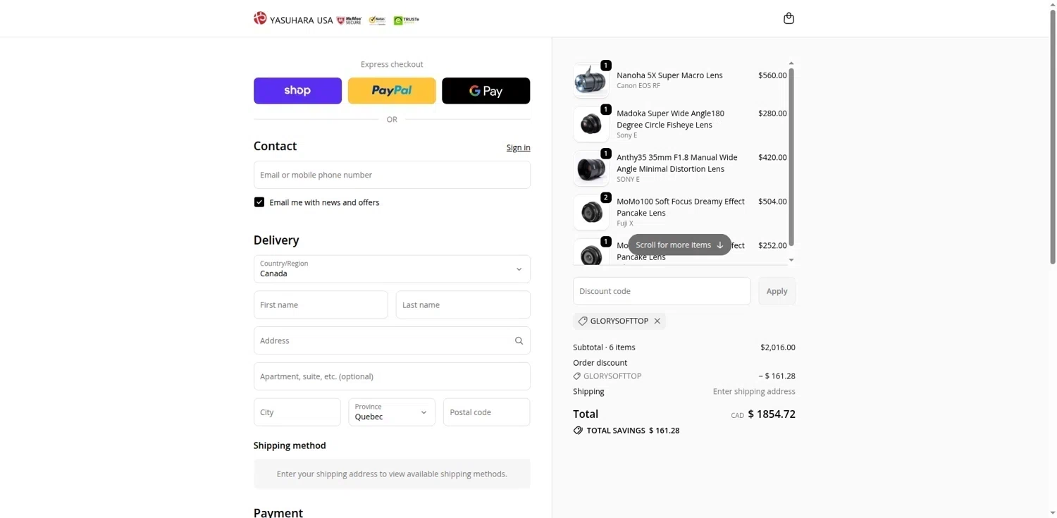 Yasuhara USA promo code screenshot showing code GLORYSOFTTOP applied at Yasuhara USA checkout page. Uploaded by SimplyCodes community member LOgoter on Jan 7, 2026