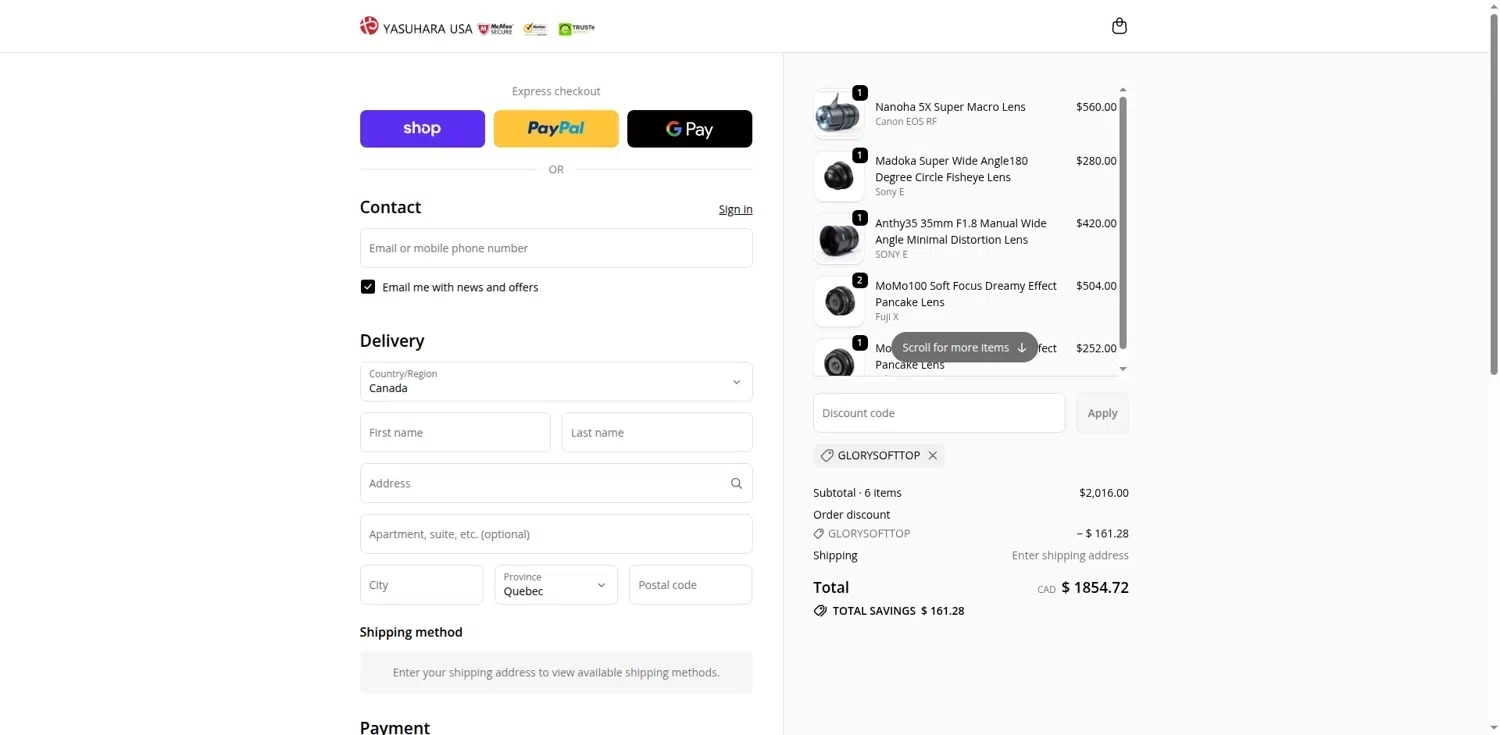 Yasuhara USA promo code screenshot showing code GLORYSOFTTOP applied at Yasuhara USA checkout page. Uploaded by SimplyCodes community member terricameron on Jan 6, 2026