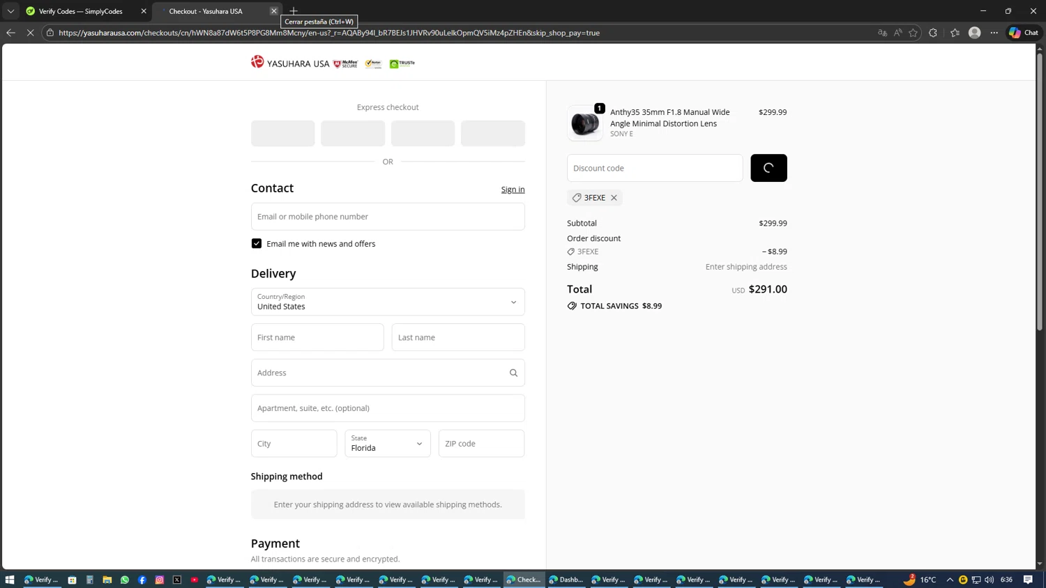 Yasuhara USA checkout page showing Yasuhara USA promo code box | Screenshot taken by SimplyCodes community member on Feb 9, 2026