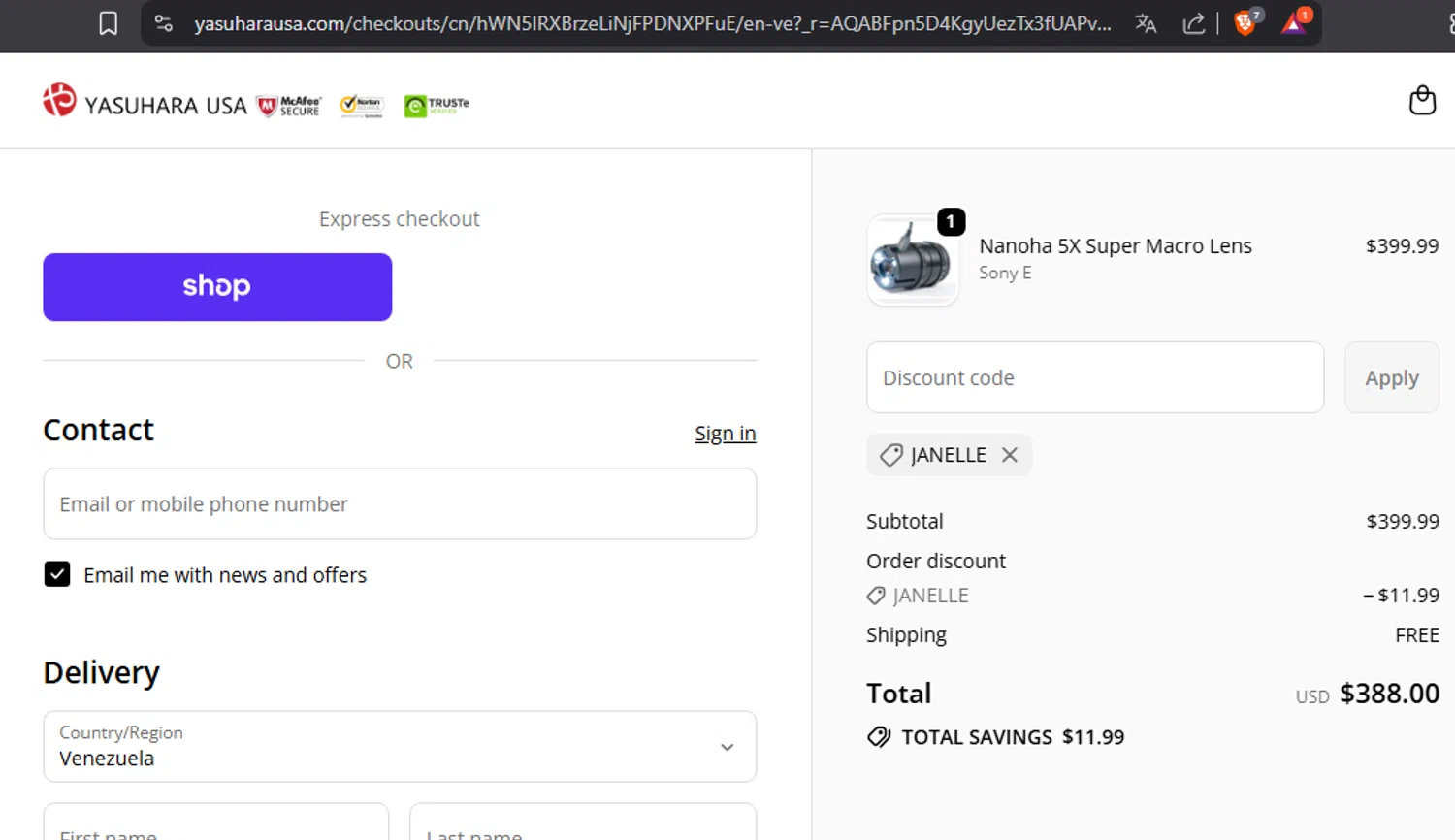Yasuhara USA promo code screenshot showing code janelle applied at Yasuhara USA checkout page. Uploaded by SimplyCodes community member daniela17 on Nov 14, 2025