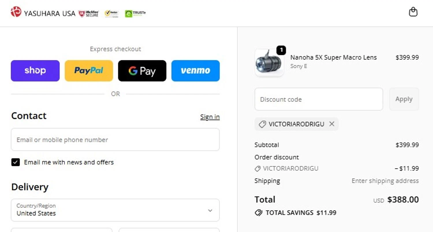Yasuhara USA promo code screenshot showing code VICTORIARODRIGU applied at Yasuhara USA checkout page. Uploaded by SimplyCodes community member mandrakke on Feb 12, 2026