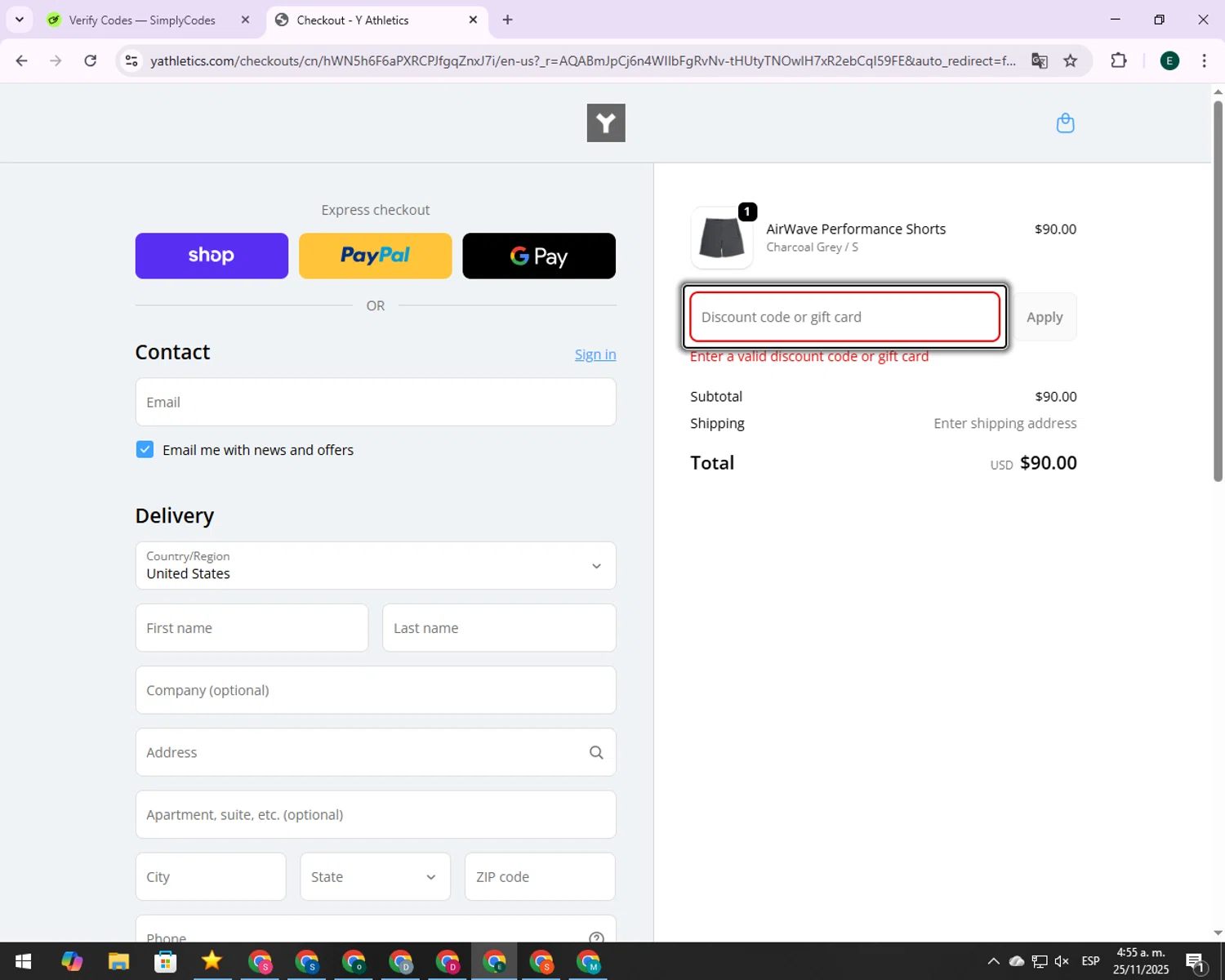 Y Athletics discount code screenshot showing code new10 applied at Y Athletics checkout page. Uploaded by SimplyCodes community member 00000006 on Nov 25, 2025