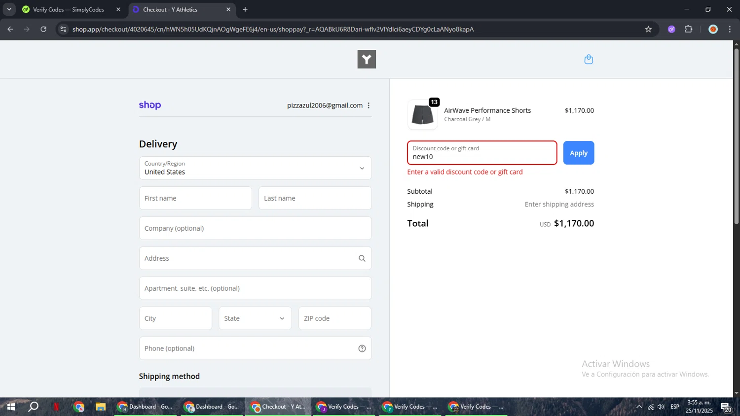 Y Athletics discount code screenshot showing code new10 applied at Y Athletics checkout page. Uploaded by SimplyCodes community member BonusCaptain9927 on Nov 25, 2025