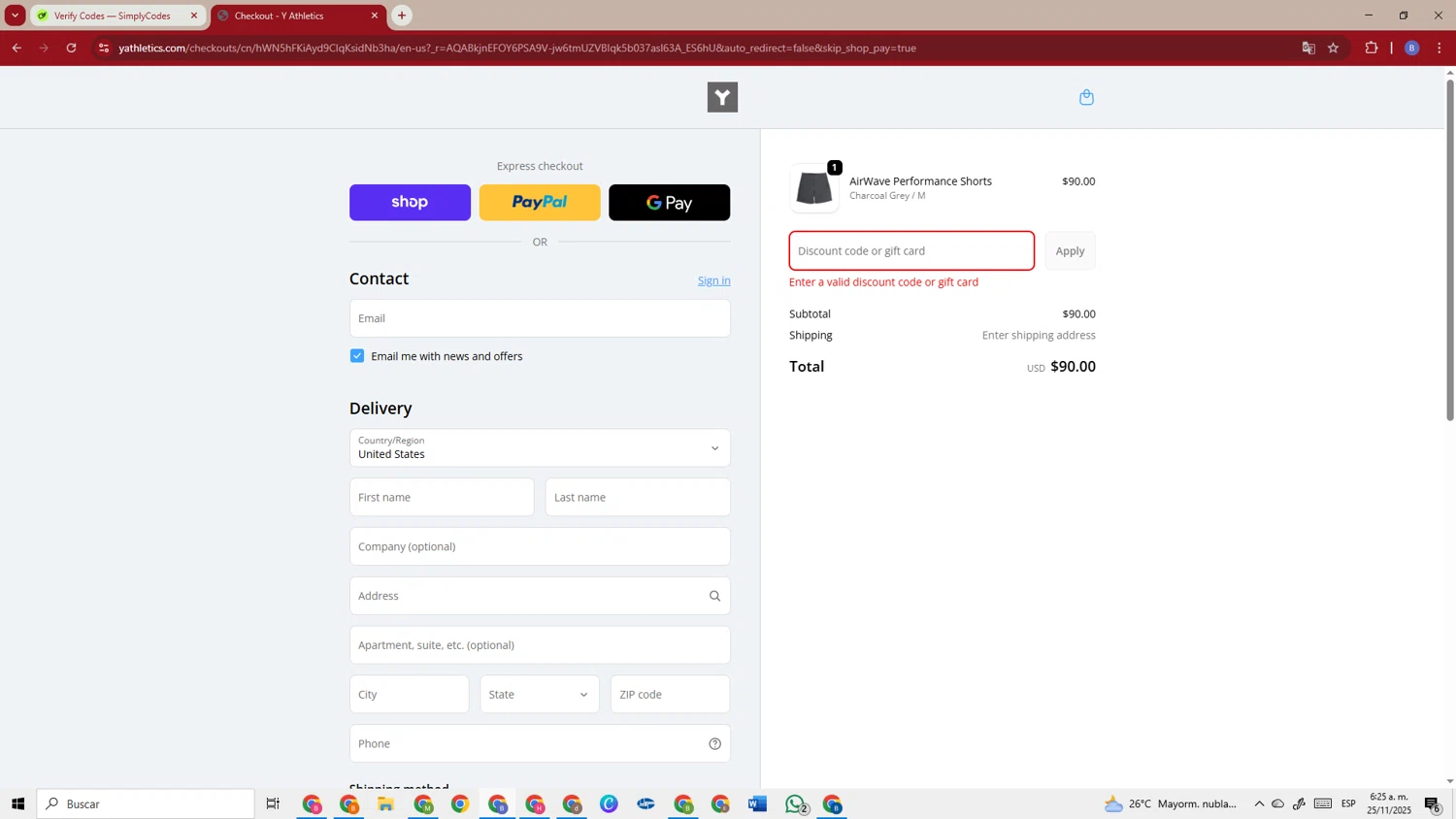 Y Athletics discount code screenshot showing code new10 applied at Y Athletics checkout page. Uploaded by SimplyCodes community member TokenSentinel5304 on Nov 25, 2025