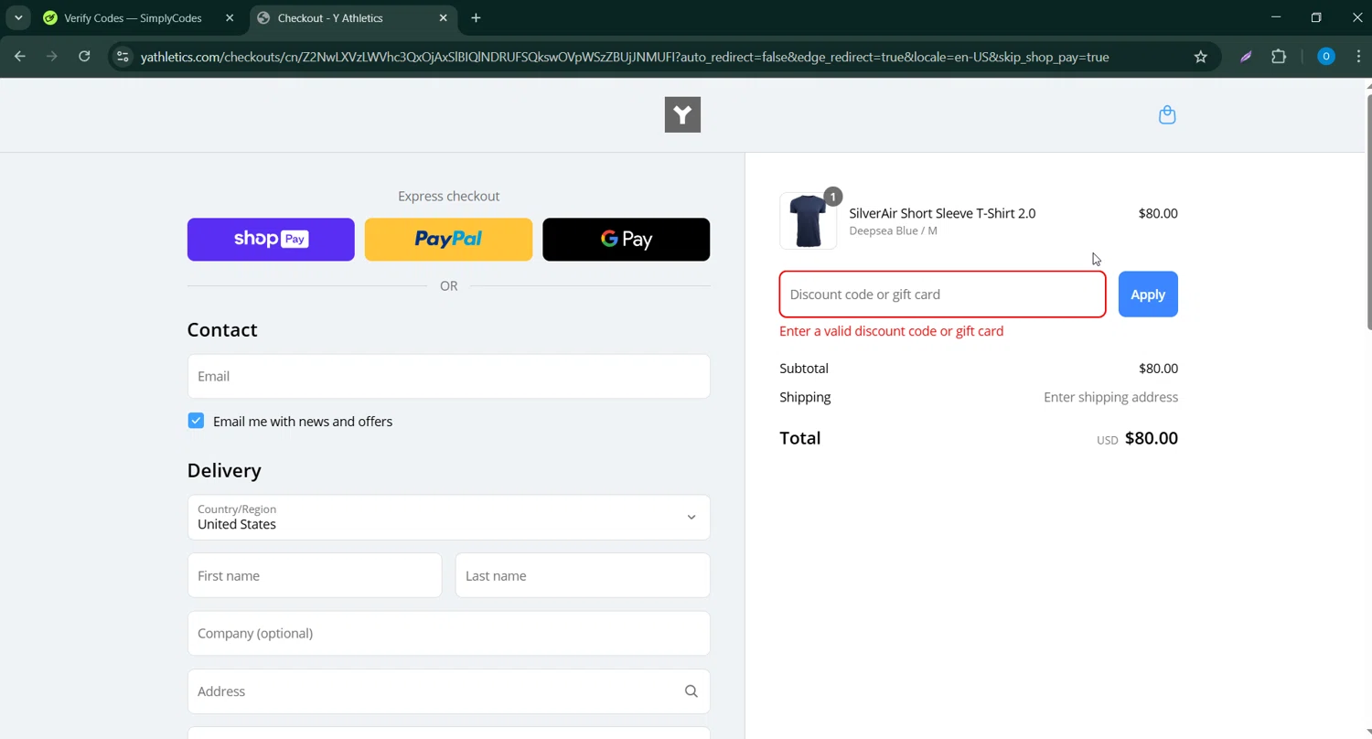 Y Athletics discount code screenshot showing code SILVERAIR applied at Y Athletics checkout page. Uploaded by SimplyCodes community member RoyalSage9159 on Mar 17, 2025