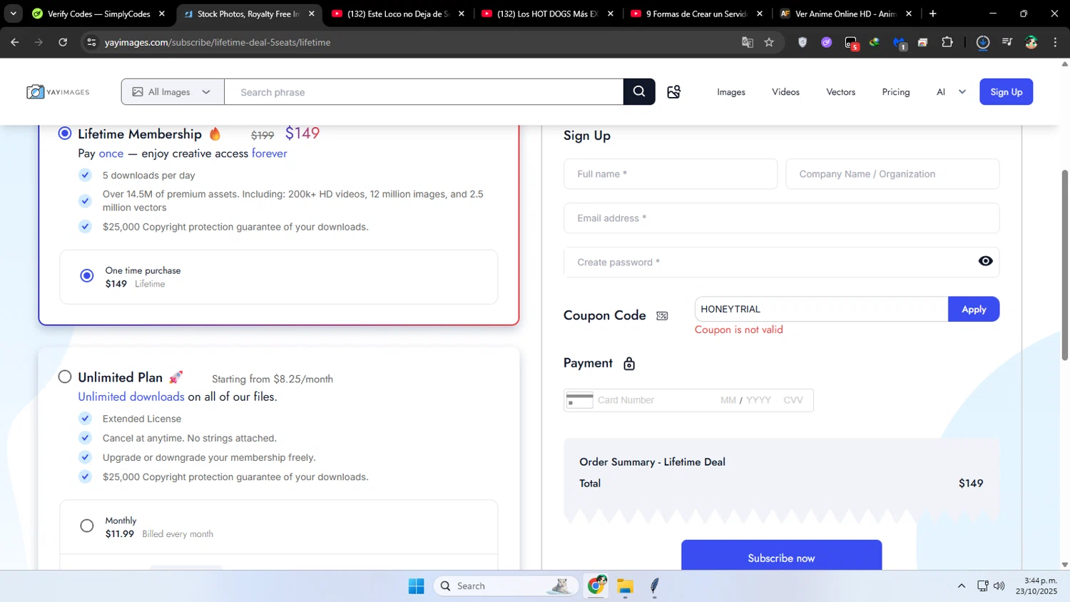 Yay Images promo code screenshot showing code HONEYTRIAL applied at Yay Images checkout page. Uploaded by SimplyCodes community member franalepe on Oct 23, 2025
