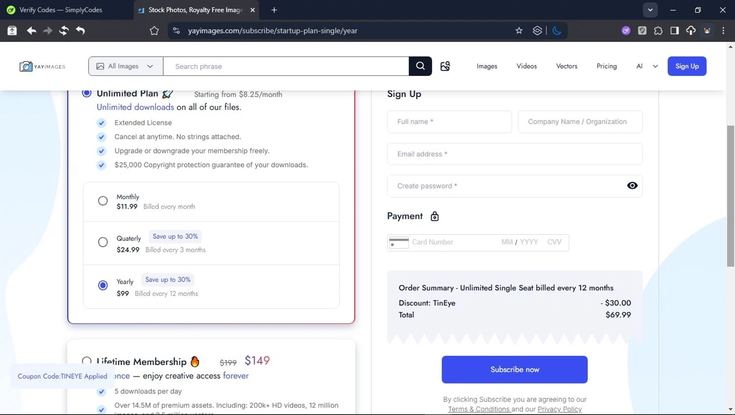 Yay Images promo code screenshot showing code TINEYE applied at Yay Images checkout page. Uploaded by SimplyCodes community member PromoSpotter1784 on Nov 21, 2025