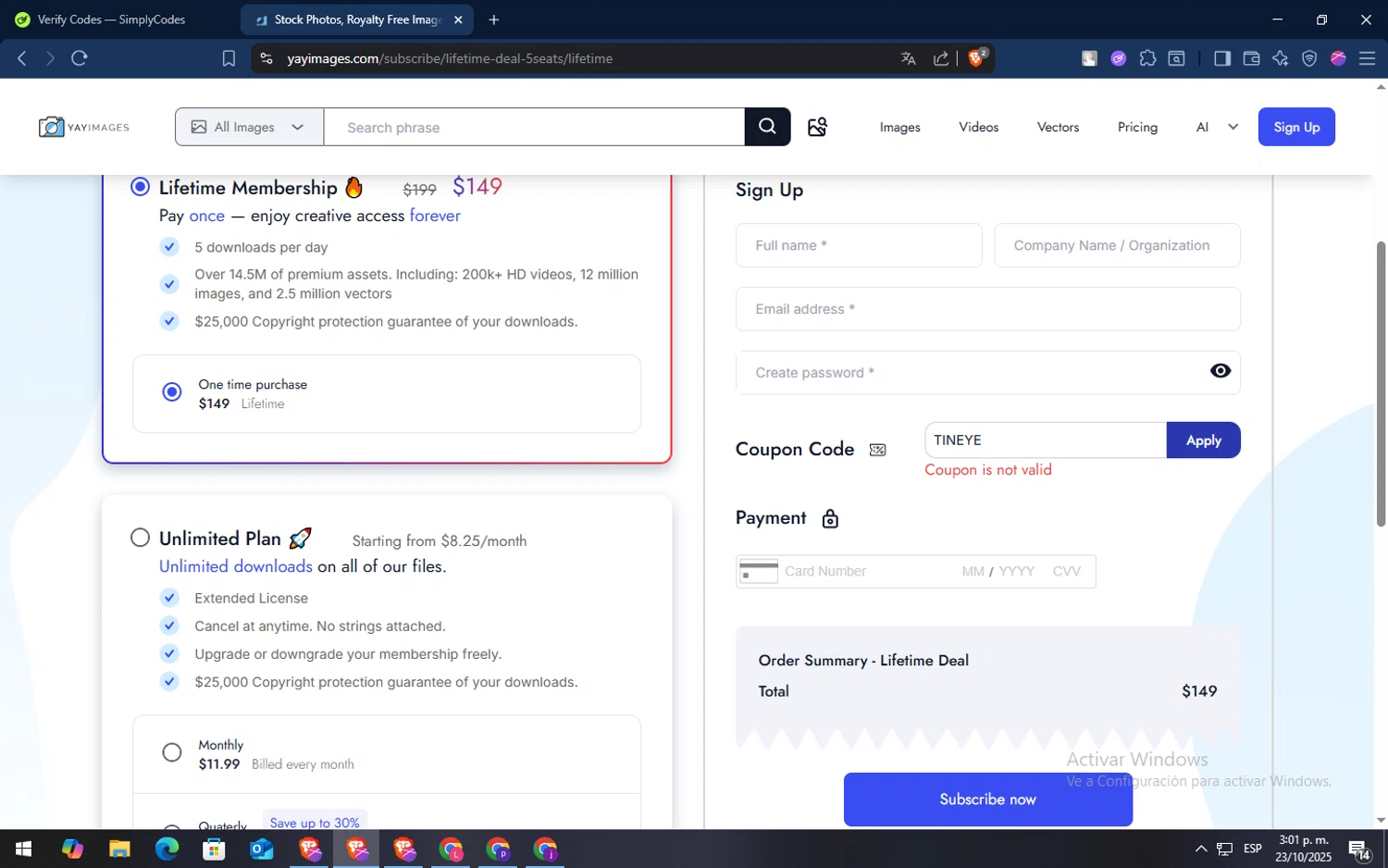 Yay Images promo code screenshot showing code TINEYE applied at Yay Images checkout page. Uploaded by SimplyCodes community member TokenSaver1205 on Oct 23, 2025