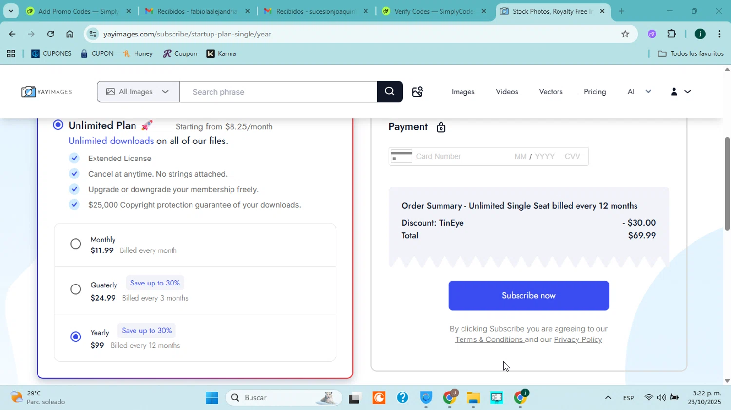 Yay Images promo code screenshot showing code TINEYE applied at Yay Images checkout page. Uploaded by SimplyCodes community member jorgejavierherrera on Oct 23, 2025
