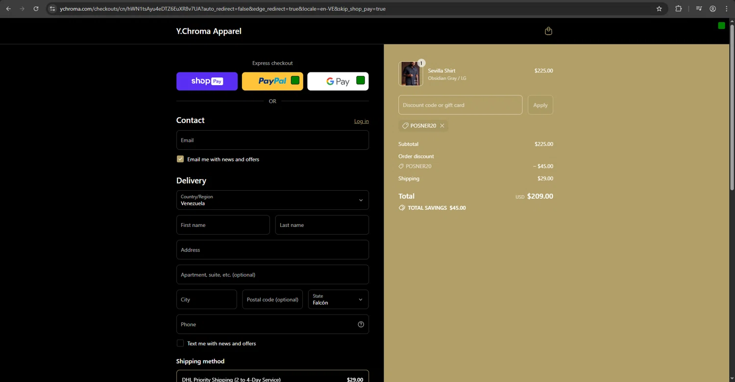 Y.Chroma Apparel checkout page showing Y.Chroma Apparel promo code box | Screenshot taken by SimplyCodes community member on Aug 17, 2025