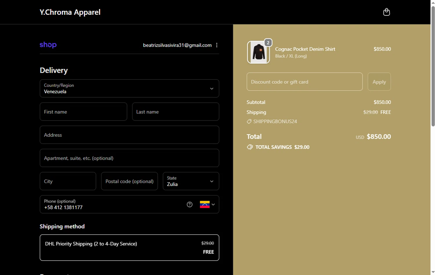 Y.Chroma Apparel checkout page showing Y.Chroma Apparel promo code box | Screenshot taken by SimplyCodes community member on Dec 23, 2025