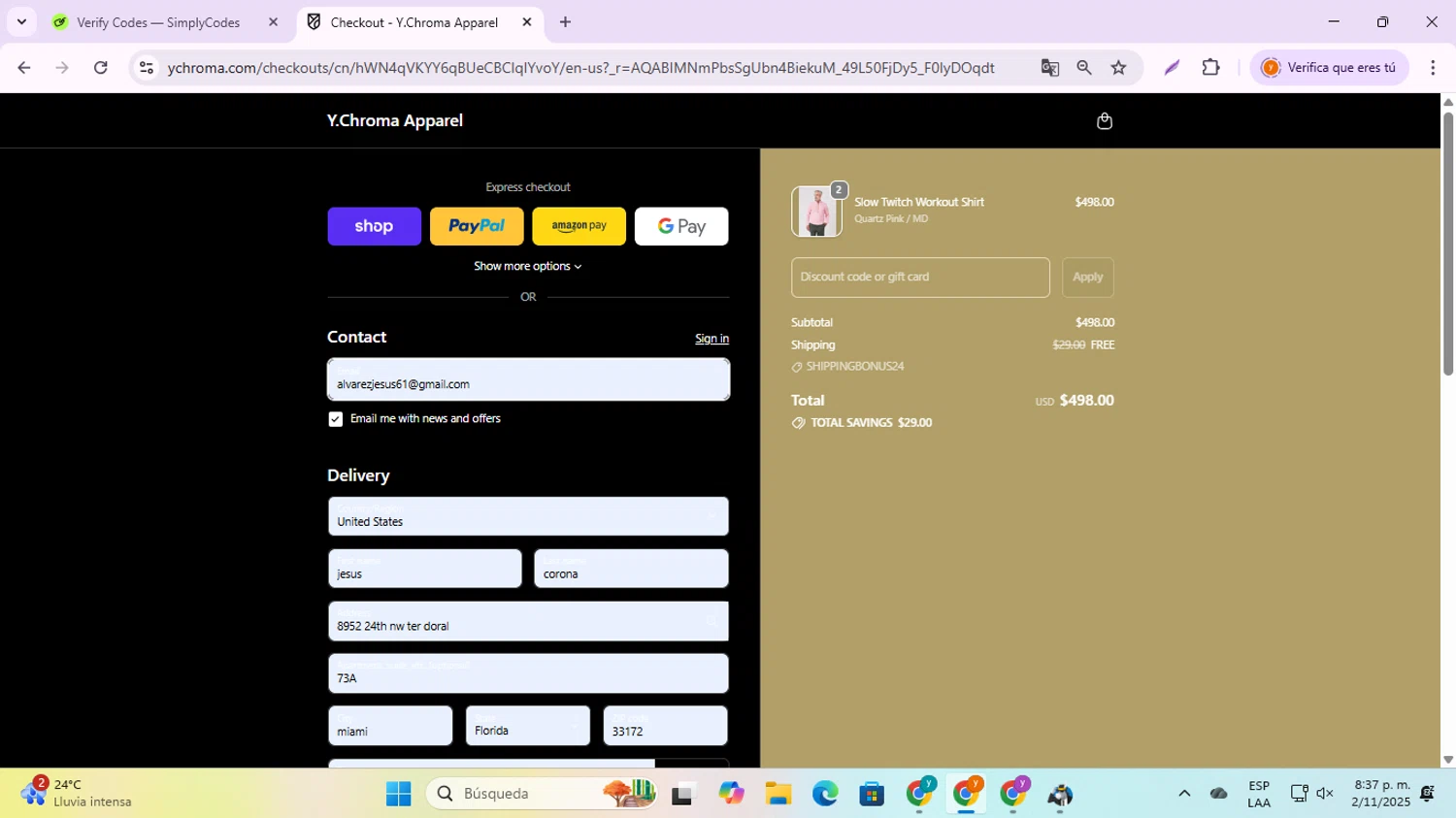 Y.Chroma Apparel checkout page showing Y.Chroma Apparel promo code box | Screenshot taken by SimplyCodes community member on Nov 3, 2025