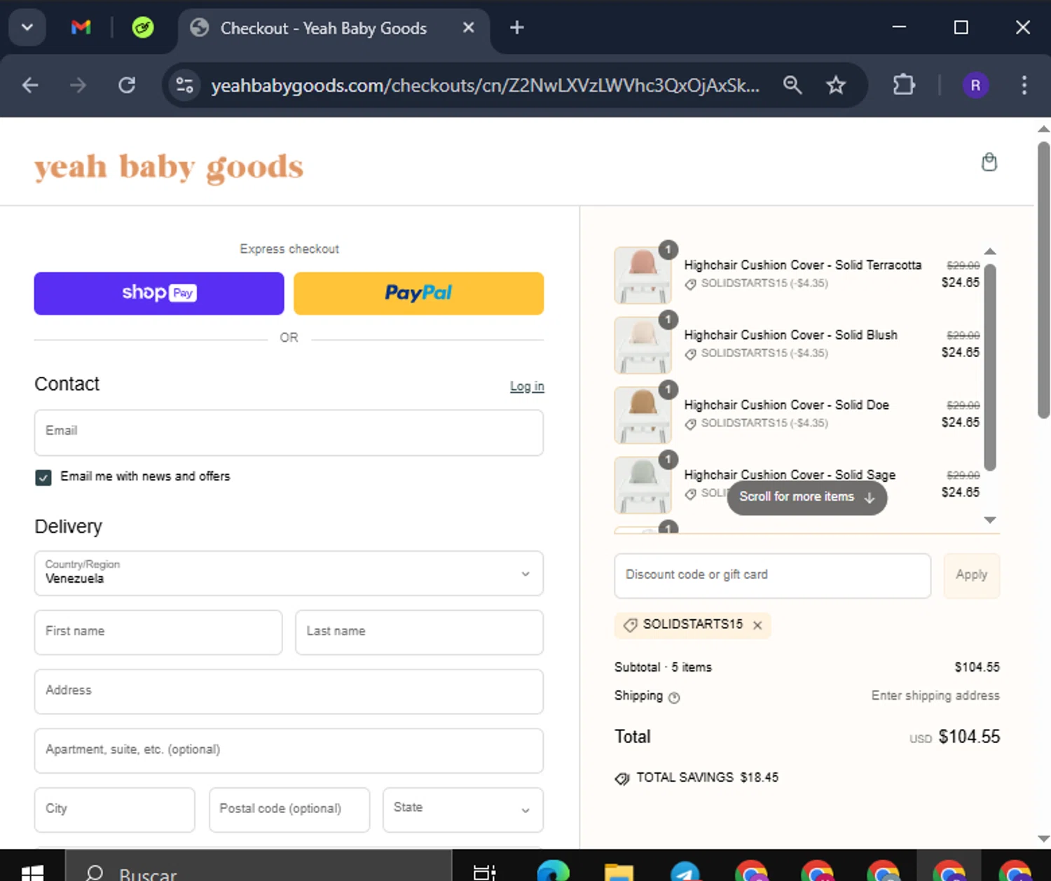 Yeah Baby Goods discount code screenshot showing code solidstarts15 applied at Yeah Baby Goods checkout page. Uploaded by SimplyCodes community member CashCollector4199 on Mar 10, 2025