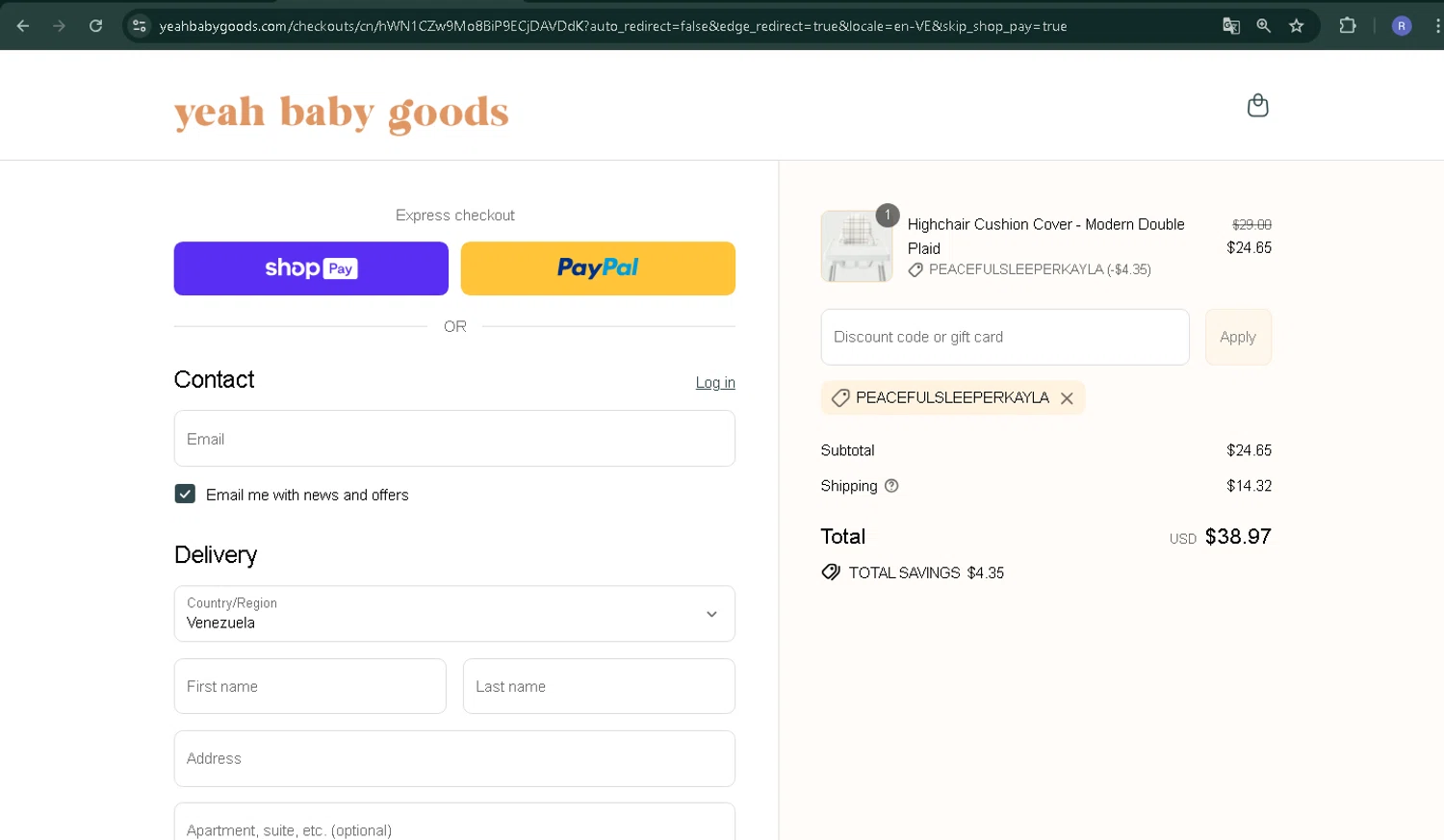 Yeah Baby Goods discount code screenshot showing code PEACEFULSLEEPERKAYLA applied at Yeah Baby Goods checkout page. Uploaded by SimplyCodes community member CoinPilot9113 on Jul 30, 2025