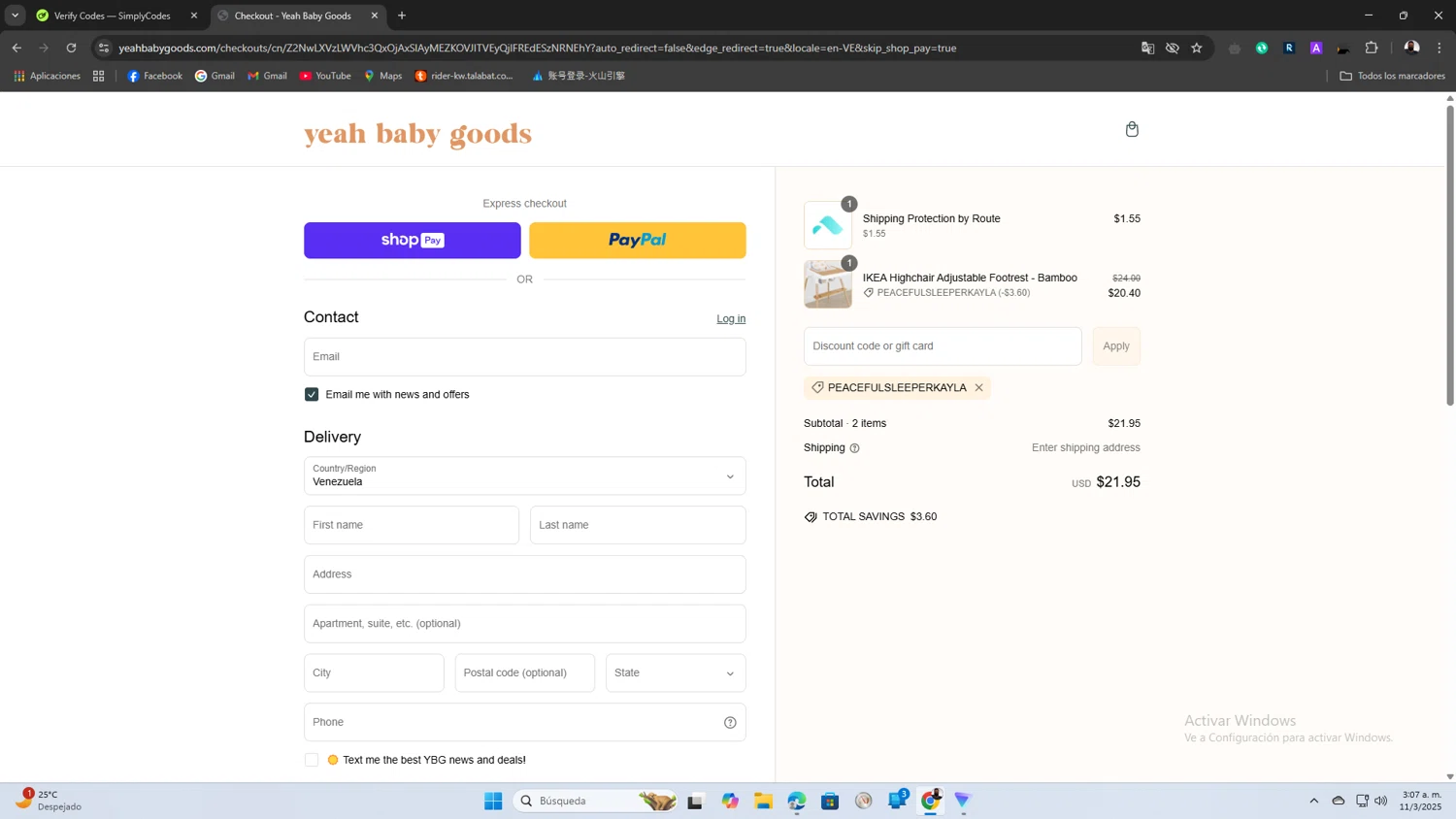 Yeah Baby Goods discount code screenshot showing code PEACEFULSLEEPERKAYLA applied at Yeah Baby Goods checkout page. Uploaded by SimplyCodes community member SaleScout3344 on Mar 11, 2025