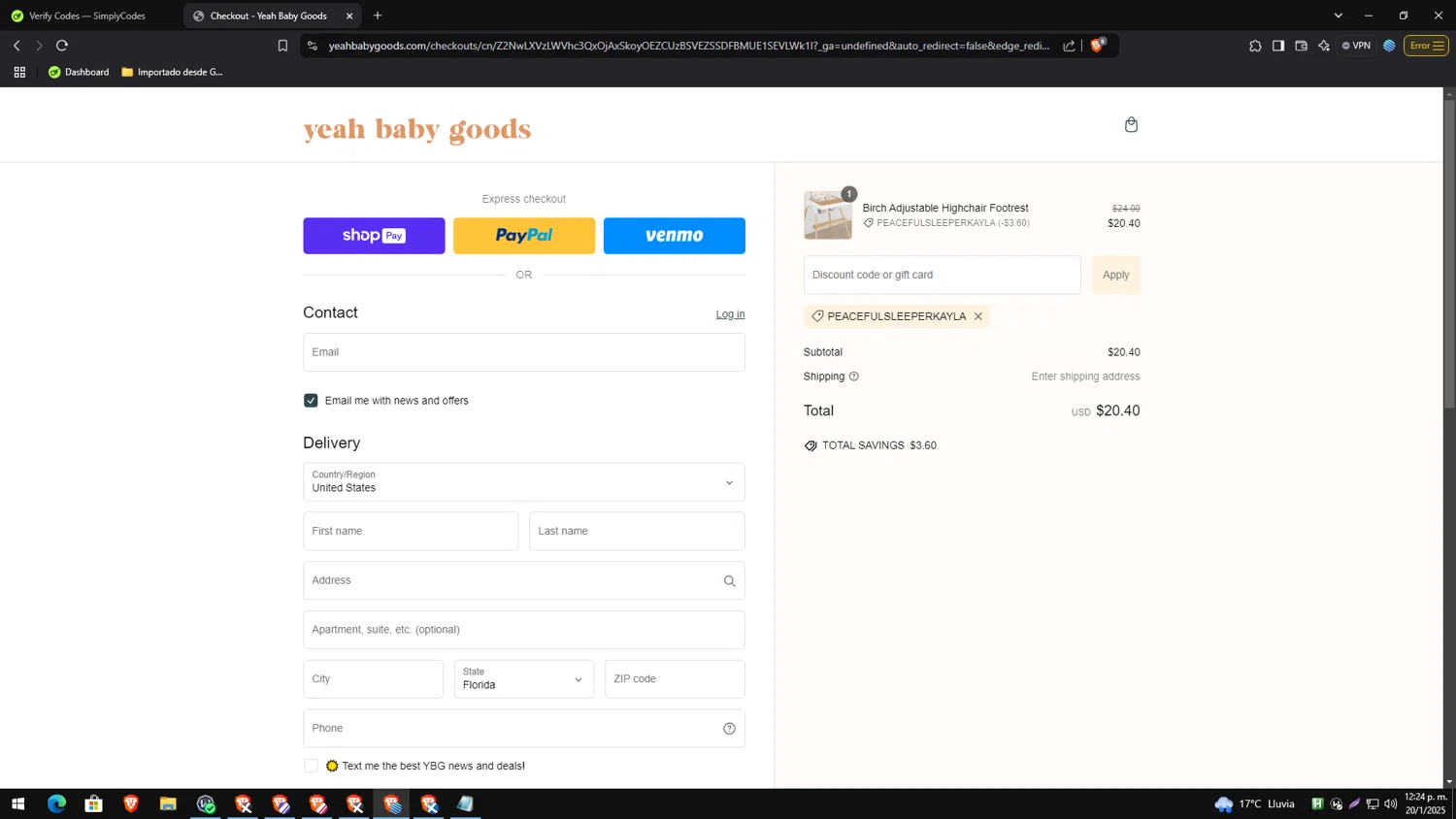 Yeah Baby Goods discount code screenshot showing code PEACEFULSLEEPERKAYLA applied at Yeah Baby Goods checkout page. Uploaded by SimplyCodes community member MagnificentAce6663 on Jan 20, 2025
