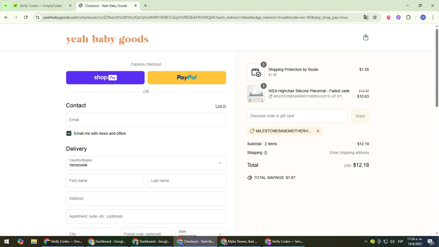 Yeah Baby Goods discount code screenshot showing code MILESTONESANDMOTHERHOOD15 applied at Yeah Baby Goods checkout page. Uploaded by SimplyCodes community member QuestDefender2661 on Jun 14, 2025