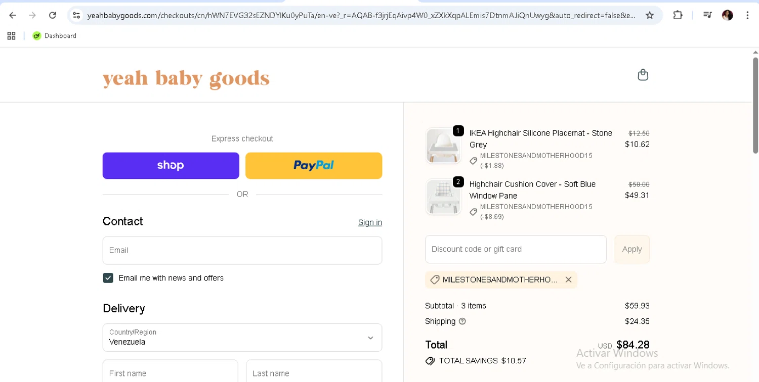 Yeah Baby Goods discount code screenshot showing code MILESTONESANDMOTHERHOOD15 applied at Yeah Baby Goods checkout page. Uploaded by SimplyCodes community member monicacaraballo on Jan 4, 2026