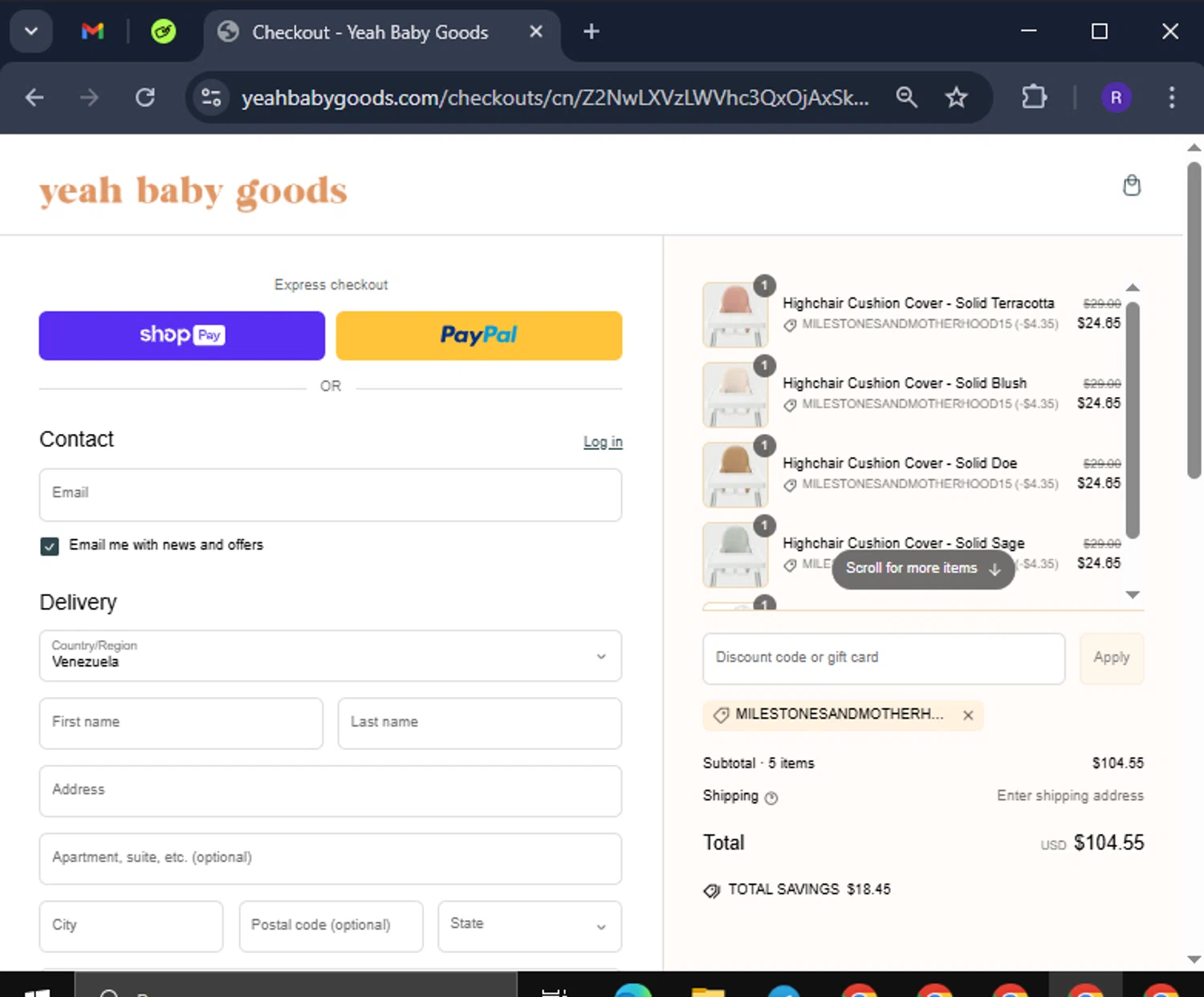 Yeah Baby Goods discount code screenshot showing code MILESTONESANDMOTHERHOOD15 applied at Yeah Baby Goods checkout page. Uploaded by SimplyCodes community member tinkle_tinkle on Mar 10, 2025