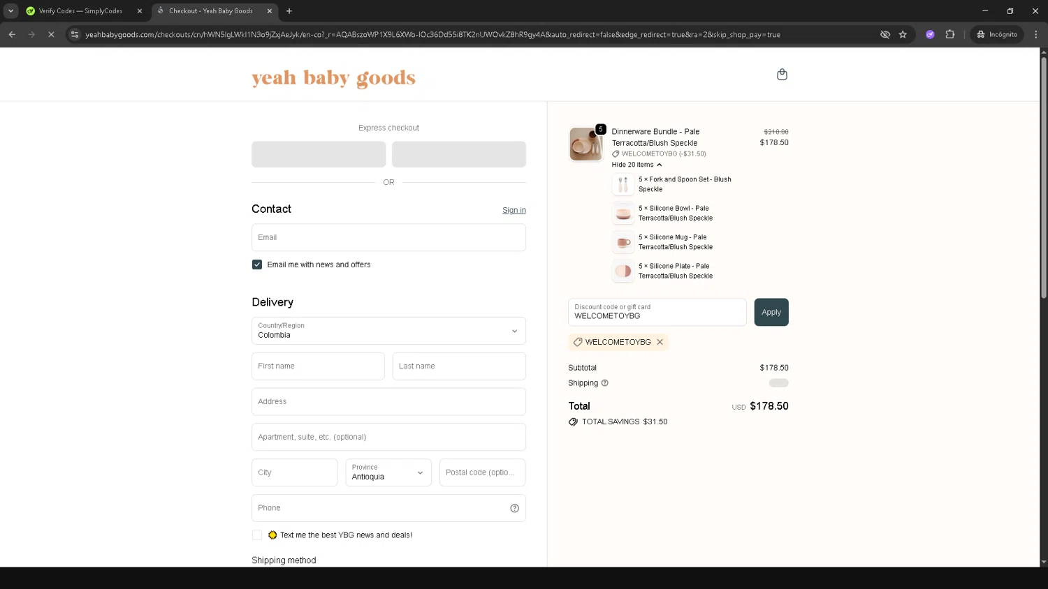 Yeah Baby Goods discount code screenshot showing code WELCOMETOYBG applied at Yeah Baby Goods checkout page. Uploaded by SimplyCodes community member SwiftSage2309 on Nov 27, 2025
