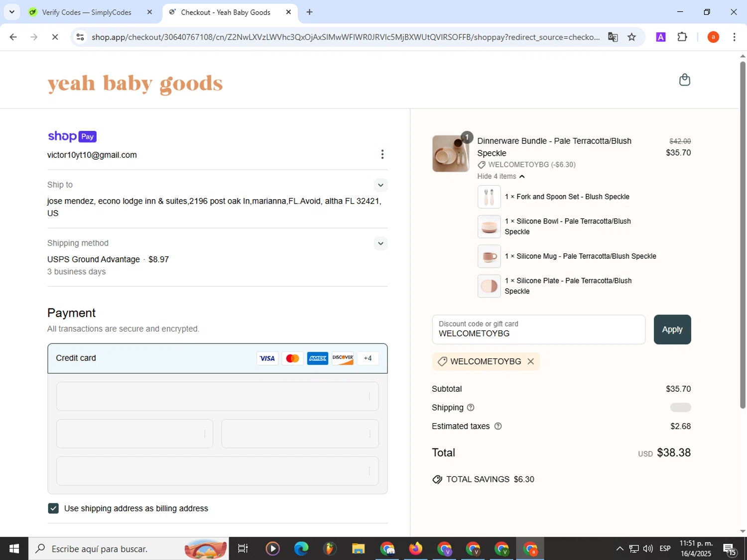 Yeah Baby Goods discount code screenshot showing code WELCOMETOYBG applied at Yeah Baby Goods checkout page. Uploaded by SimplyCodes community member partenalgas on Apr 17, 2025