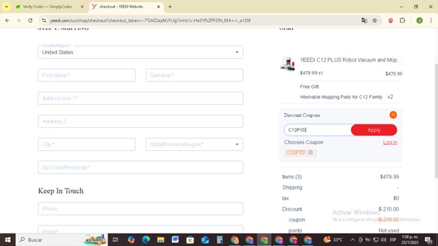 Yeedi checkout page showing Yeedi promo code box | Screenshot taken by SimplyCodes community member on Jul 25, 2025