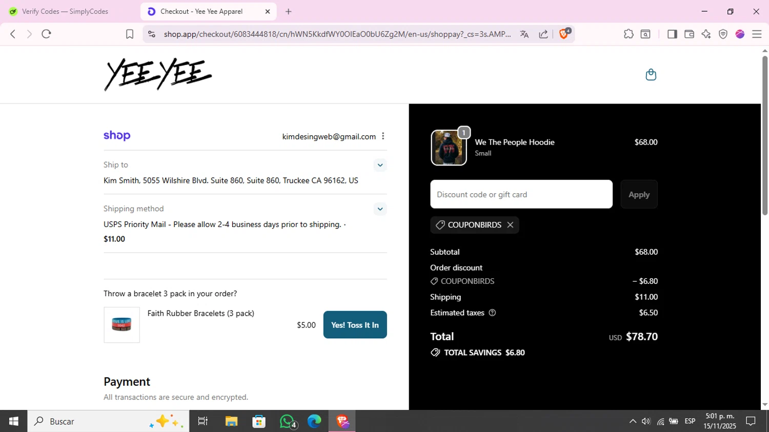 Yee Yee Apparel discount code screenshot showing code COUPONBIRDS applied at Yee Yee Apparel checkout page. Uploaded by SimplyCodes community member KimChrista_ on Nov 15, 2025