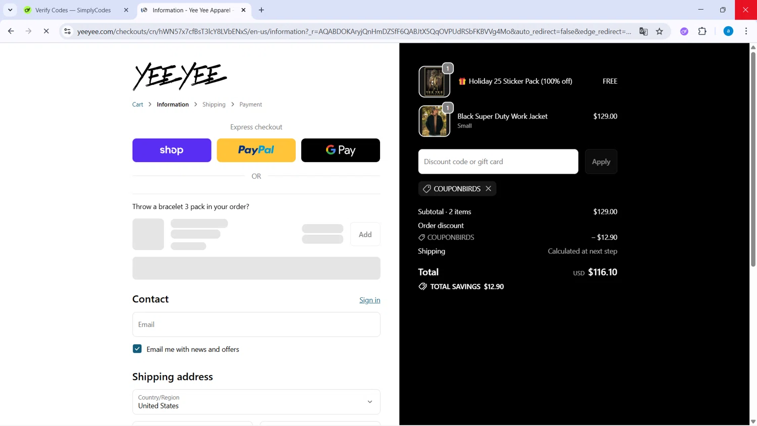 Yee Yee Apparel discount code screenshot showing code COUPONBIRDS applied at Yee Yee Apparel checkout page. Uploaded by SimplyCodes community member WiseHawk9255 on Nov 10, 2025