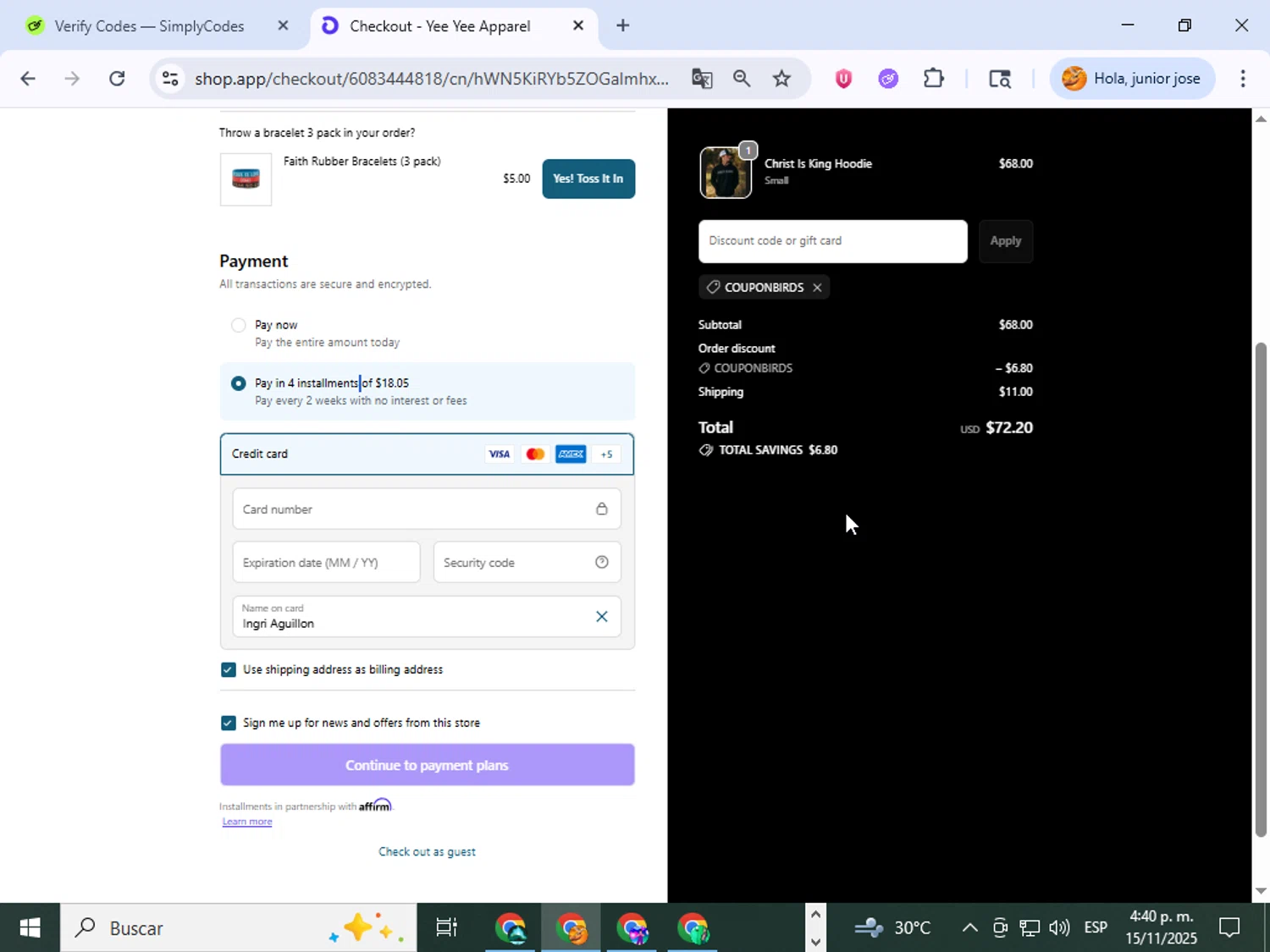 Yee Yee Apparel discount code screenshot showing code COUPONBIRDS applied at Yee Yee Apparel checkout page. Uploaded by SimplyCodes community member ingri96 on Nov 15, 2025