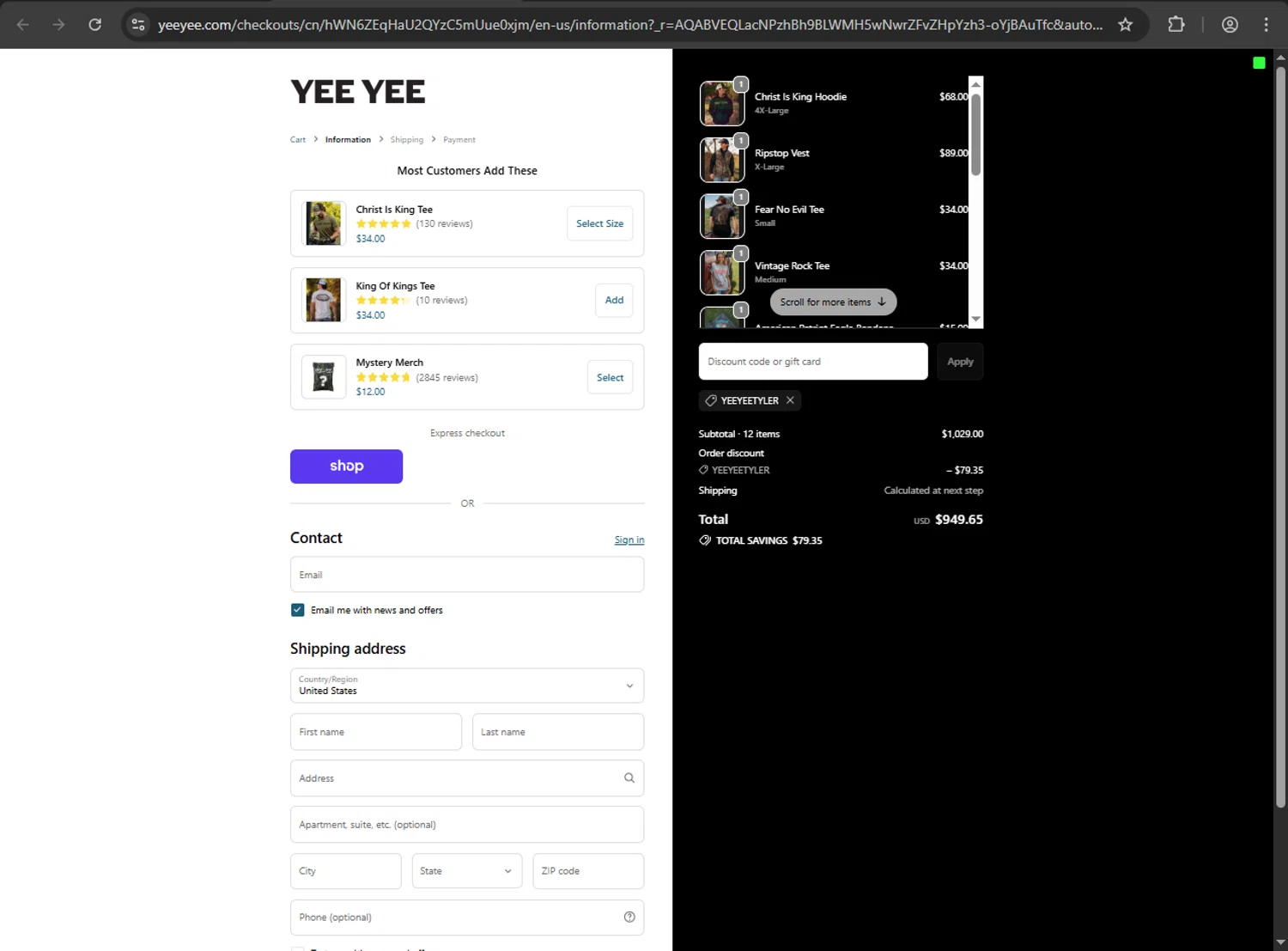 Yee Yee Apparel discount code screenshot showing code Yeeyeetyler applied at Yee Yee Apparel checkout page. Uploaded by SimplyCodes community member Aljondris97 on Dec 18, 2025