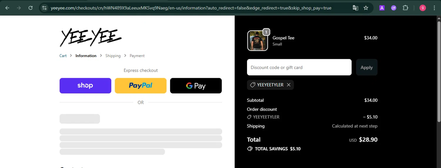 Yee Yee Apparel discount code screenshot showing code Yeeyeetyler applied at Yee Yee Apparel checkout page. Uploaded by SimplyCodes community member MoneyFalcon481 on Oct 15, 2025