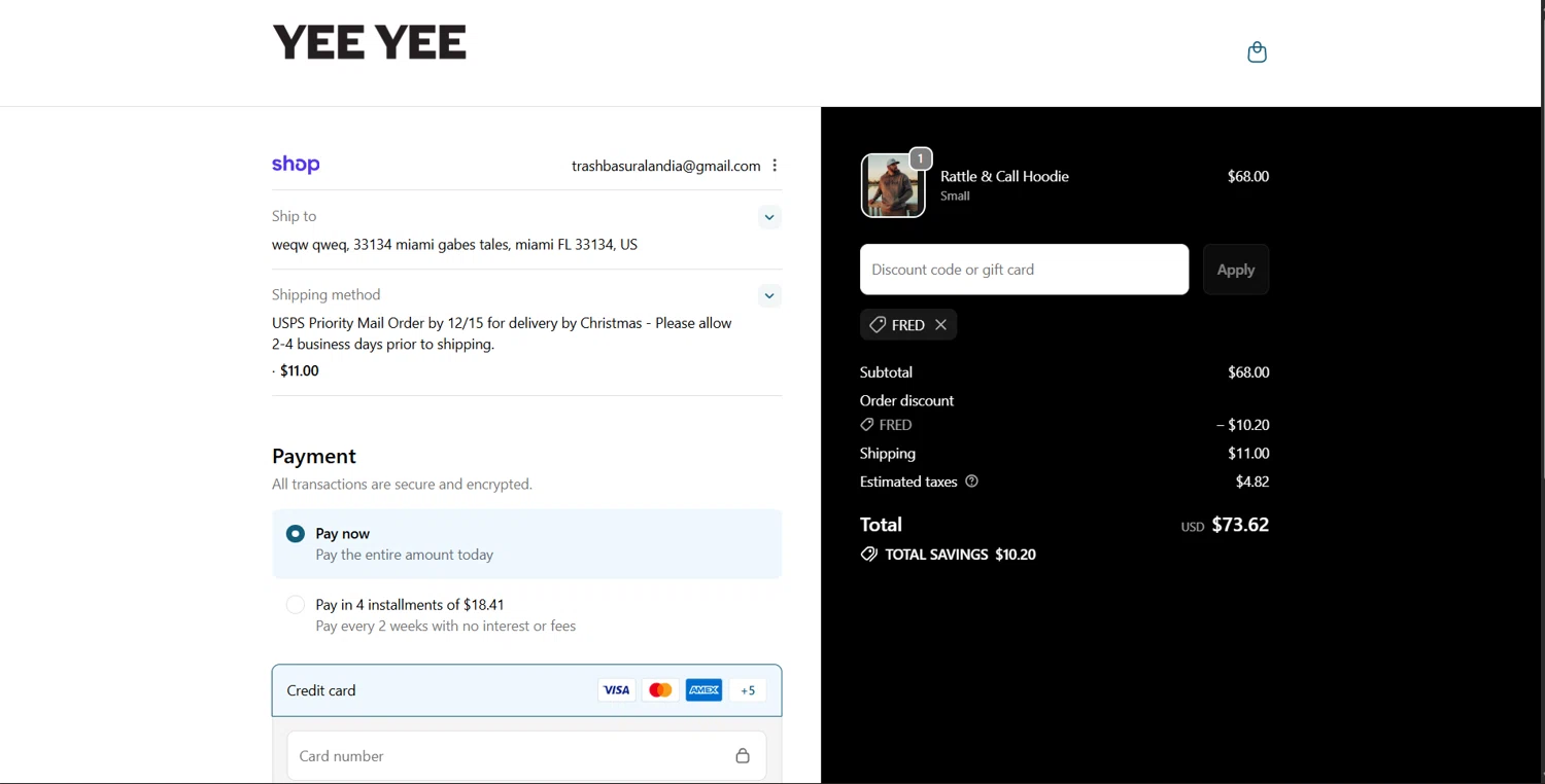 Yee Yee Apparel discount code screenshot showing code FRED applied at Yee Yee Apparel checkout page. Uploaded by SimplyCodes community member Lanzaa on Dec 12, 2025