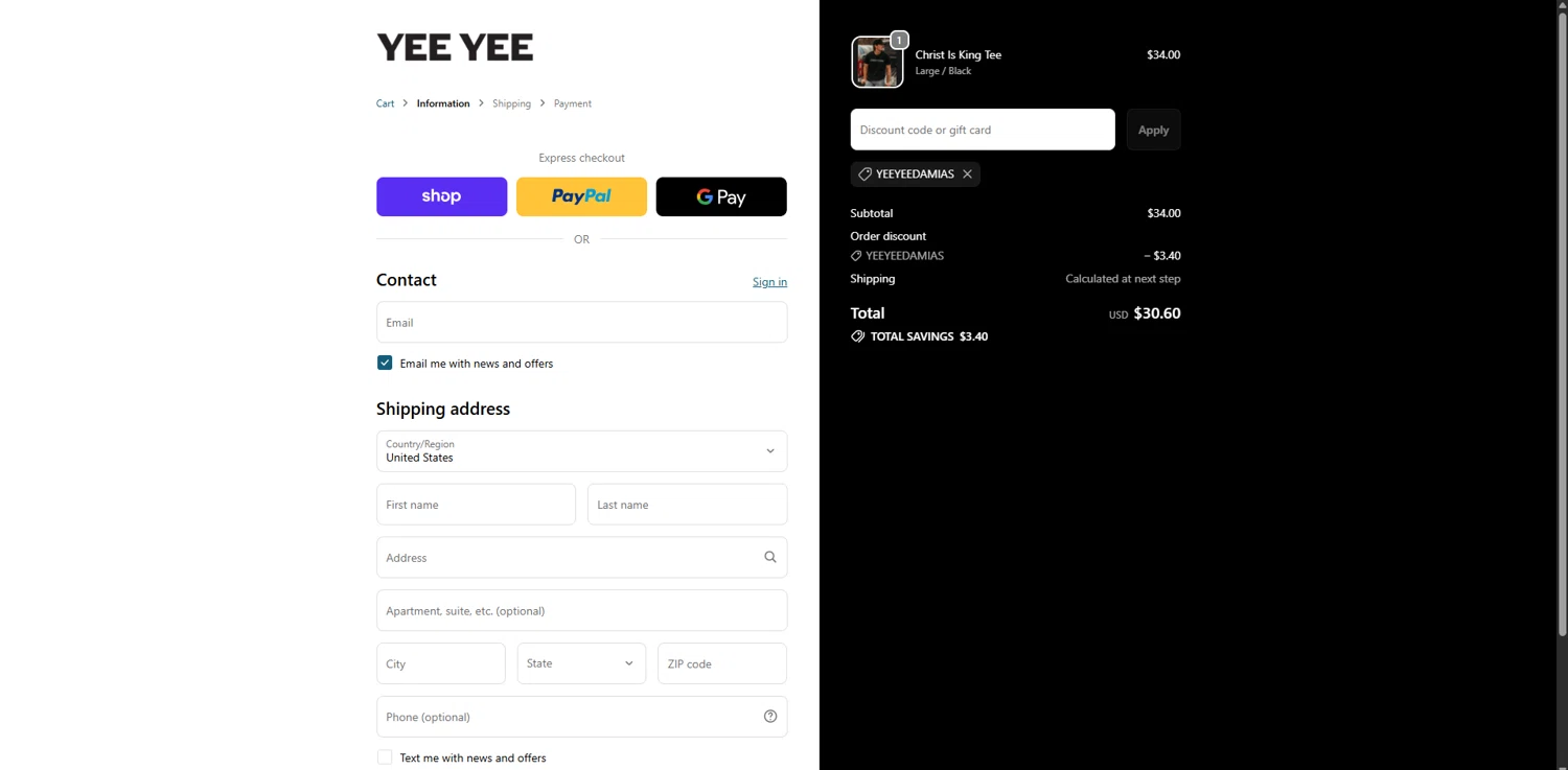 Yee Yee Apparel checkout page showing Yee Yee Apparel discount code box | Screenshot taken by SimplyCodes community member on Feb 19, 2026