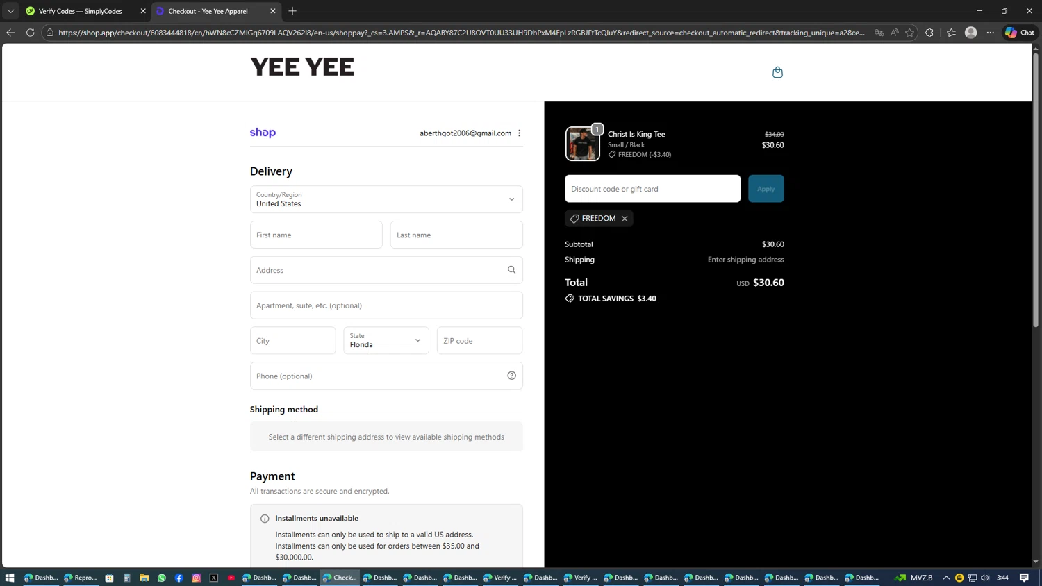 Yee Yee Apparel discount code screenshot showing code Freedom applied at Yee Yee Apparel checkout page. Uploaded by SimplyCodes community member SAKURA on Feb 10, 2026