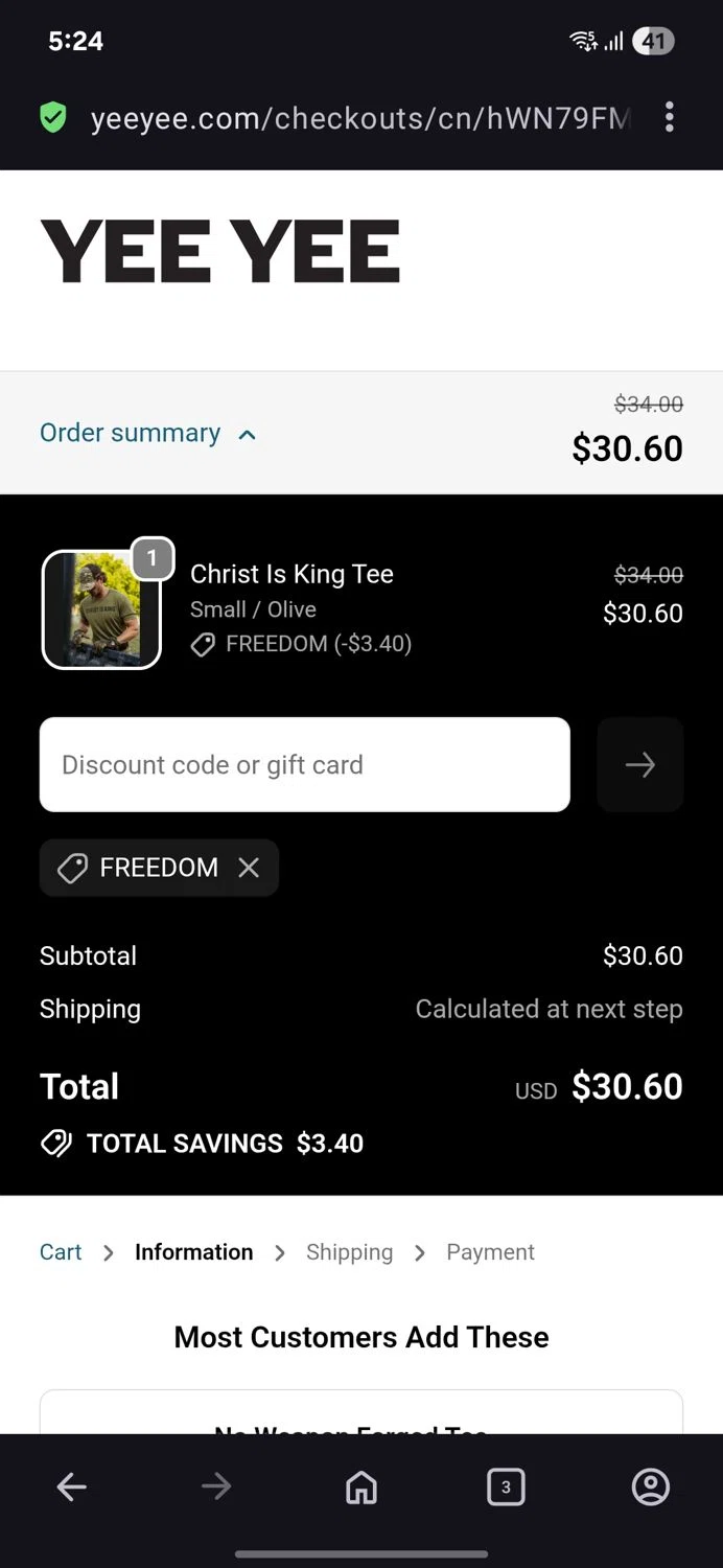 Yee Yee Apparel discount code screenshot showing code Freedom applied at Yee Yee Apparel checkout page. Uploaded by SimplyCodes community member BB9542251456527 on Jan 19, 2026
